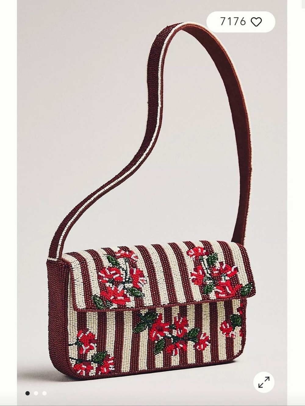 NWT Anthropologie Beaded Floral Stripe Shoulder Bag in Burgundy and Cream